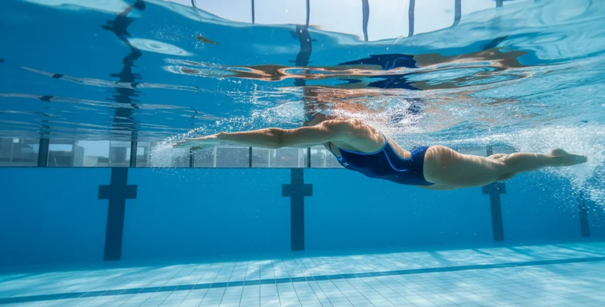 Esercizi nuoto tonificare: atleta che esegue lo stile libero in piscina mostrando spalle forti e braccia toniche