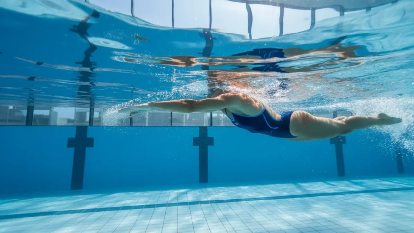 Esercizi nuoto tonificare: atleta che esegue lo stile libero in piscina mostrando spalle forti e braccia toniche