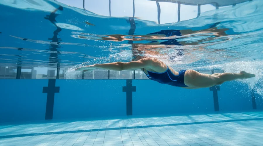 Esercizi nuoto tonificare: atleta che esegue lo stile libero in piscina mostrando spalle forti e braccia toniche