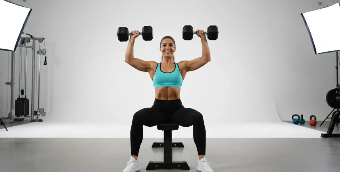 Donna che esegue esercizi petto in palestra con manubri, tonificazione pettorali