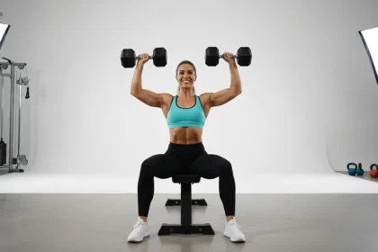 Donna che esegue esercizi petto in palestra con manubri, tonificazione pettorali