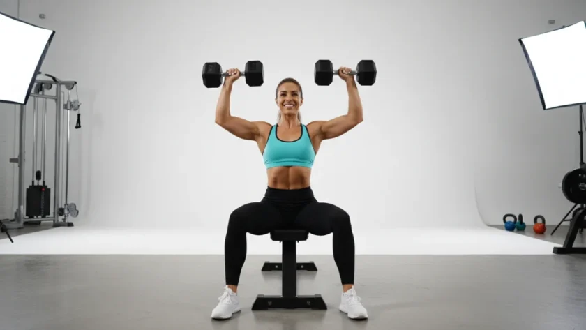 Donna che esegue esercizi petto in palestra con manubri, tonificazione pettorali