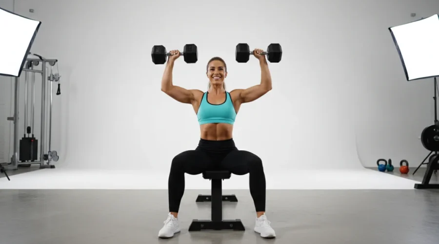 Donna che esegue esercizi petto in palestra con manubri, tonificazione pettorali