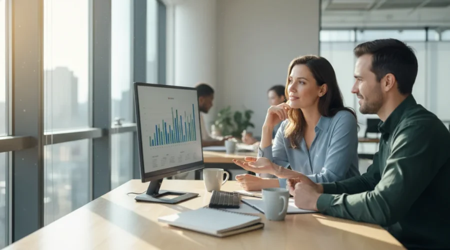 Una professionista riceve feedback costruttivo durante una riunione in ufficio, dimostrando apertura mentale e disponibilità all'ascolto attivo per la crescita personale
