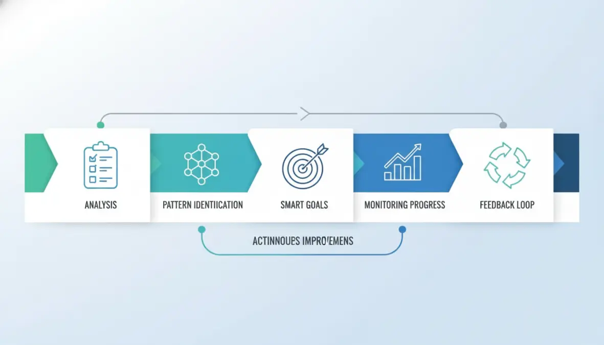 Diagramma del processo di trasformazione del feedback in azione concreta con obiettivi SMART e monitoraggio dei progressi per il miglioramento continuo