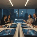 Fidelizzazione clienti: team che analizza strategie di retention e customer loyalty in ambiente professionale moderno