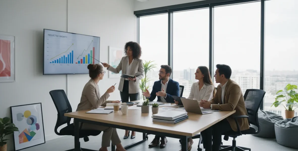 Finanziamenti per startup: team di imprenditori che analizzan documenti di investimento in ufficio moderno
