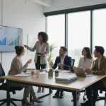 Finanziamenti per startup: team di imprenditori che analizzan documenti di investimento in ufficio moderno