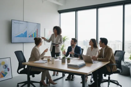 Finanziamenti per startup: team di imprenditori che analizzan documenti di investimento in ufficio moderno