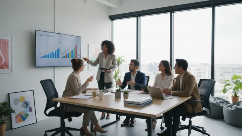 Finanziamenti per startup: team di imprenditori che analizzan documenti di investimento in ufficio moderno