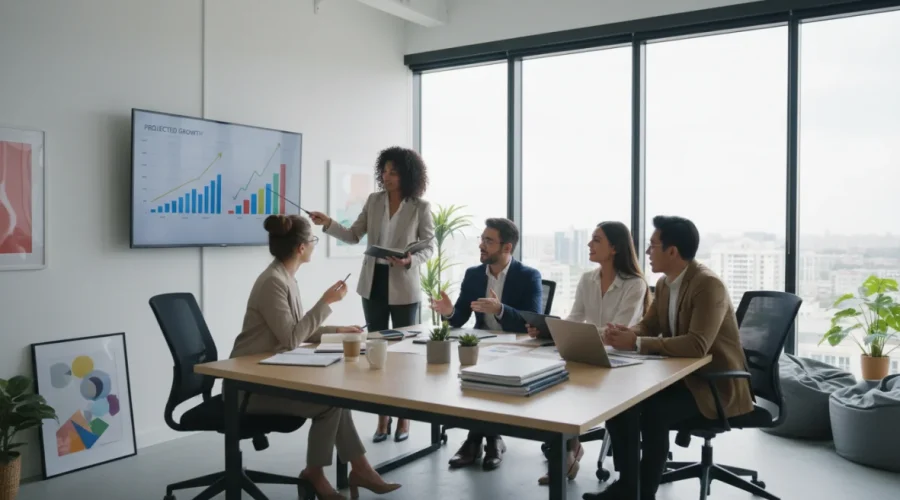 Finanziamenti per startup: team di imprenditori che analizzan documenti di investimento in ufficio moderno