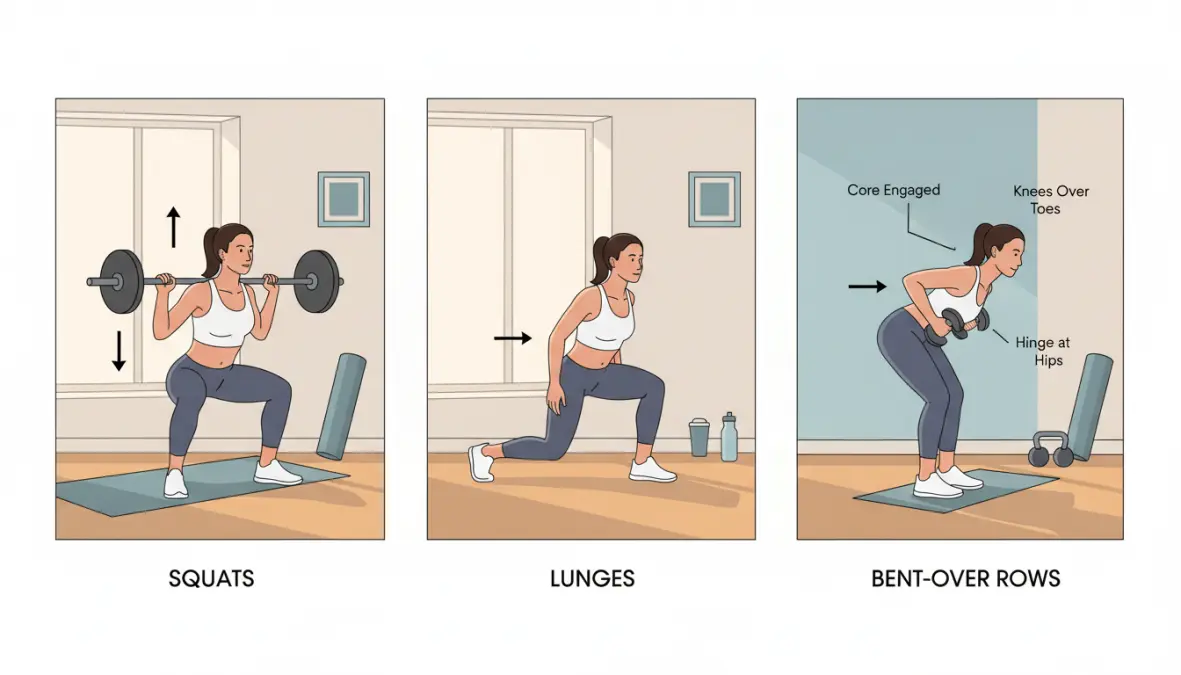 Esercizi fitness femminili multi-articolari: squat, affondi e trazioni per tonificazione donna