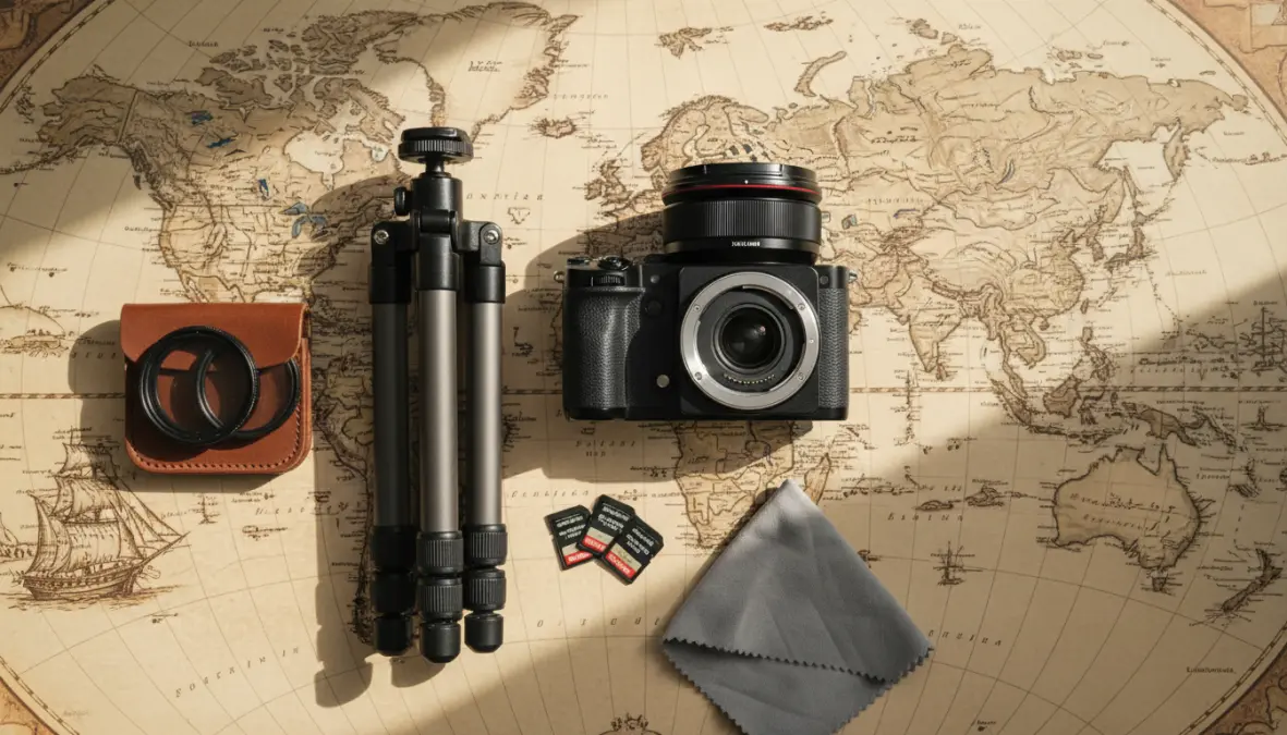 Attrezzatura fotografia viaggio essenziale disposta su una mappa: fotocamera, obiettivi, treppiede e accessori