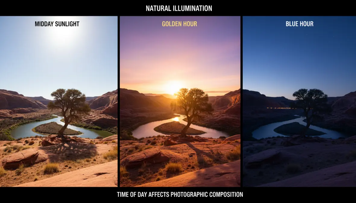 Illuminazione naturale in fotografia viaggi: stesso paesaggio fotografato durante ora dorata, ora blu e ore centrali della giornata