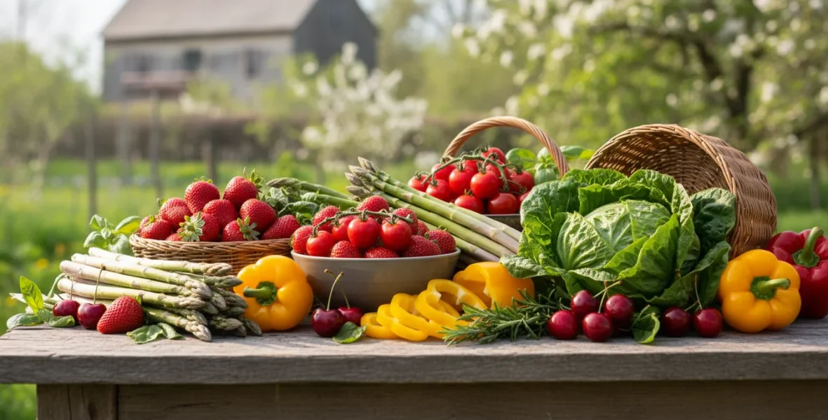 Frutta e verdura di stagione a maggio: fragole, ciliegie, asparagi, pomodori e ortaggi freschi su tavolo di legno