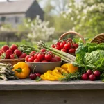 Frutta e verdura di stagione a maggio: fragole, ciliegie, asparagi, pomodori e ortaggi freschi su tavolo di legno