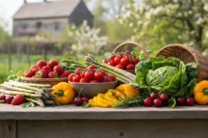 Frutta e verdura di stagione a maggio: fragole, ciliegie, asparagi, pomodori e ortaggi freschi su tavolo di legno