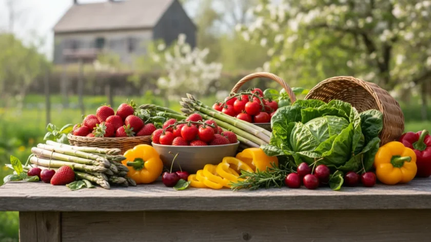 Frutta e verdura di stagione a maggio: fragole, ciliegie, asparagi, pomodori e ortaggi freschi su tavolo di legno