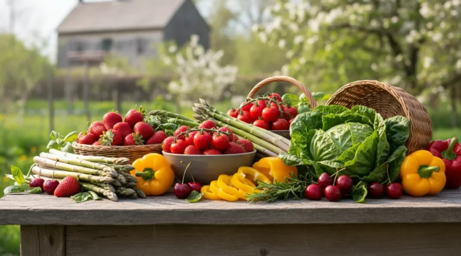 Frutta e verdura di stagione a maggio: fragole, ciliegie, asparagi, pomodori e ortaggi freschi su tavolo di legno