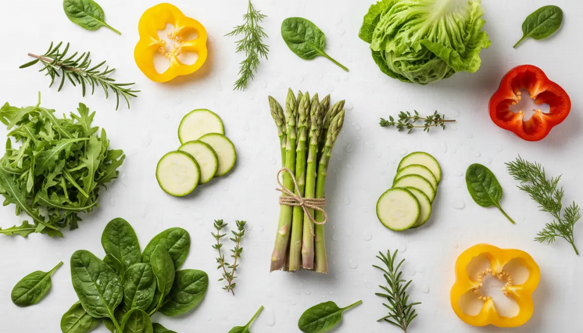 Verdure stagionali maggio: asparagi, rucola, spinaci e ortaggi freschi per nutrizione naturale