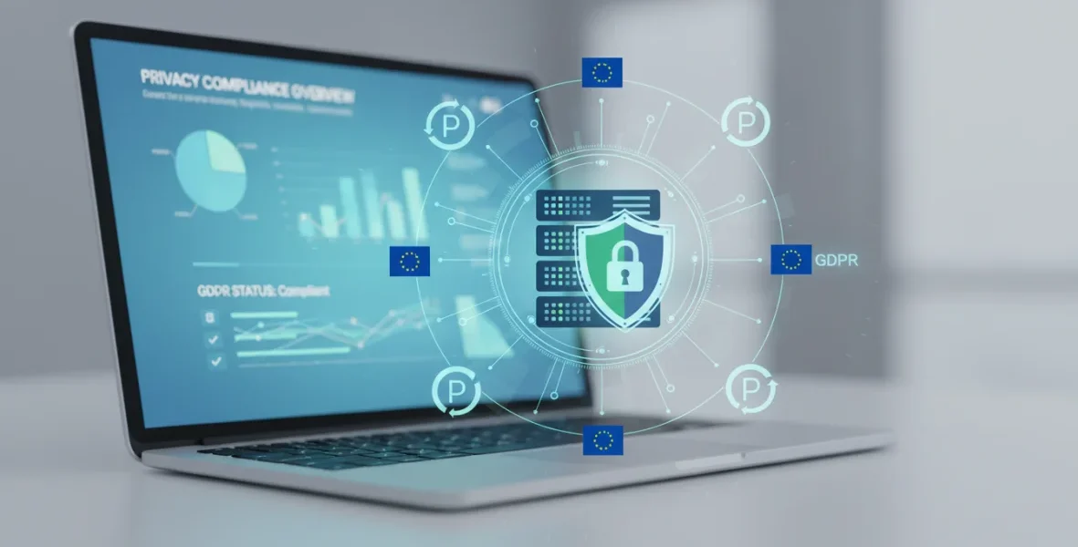 GDPR privacy dati: conformità legale e protezione dati personali con icone di sicurezza e shield
