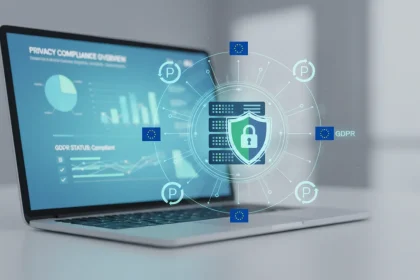 GDPR privacy dati: conformità legale e protezione dati personali con icone di sicurezza e shield
