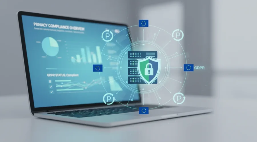 GDPR privacy dati: conformità legale e protezione dati personali con icone di sicurezza e shield