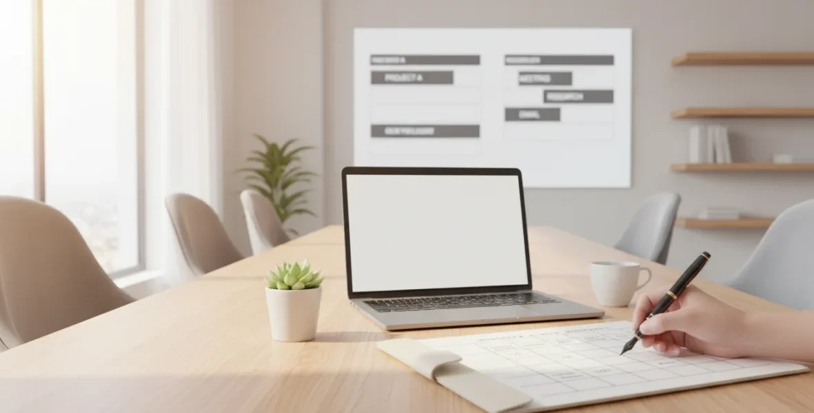 Workspace con gestione del tempo: scrivania ordinata, planner, laptop e appunti per la pianificazione settimanale e l'organizzazione giornaliera