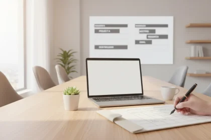 Workspace con gestione del tempo: scrivania ordinata, planner, laptop e appunti per la pianificazione settimanale e l'organizzazione giornaliera