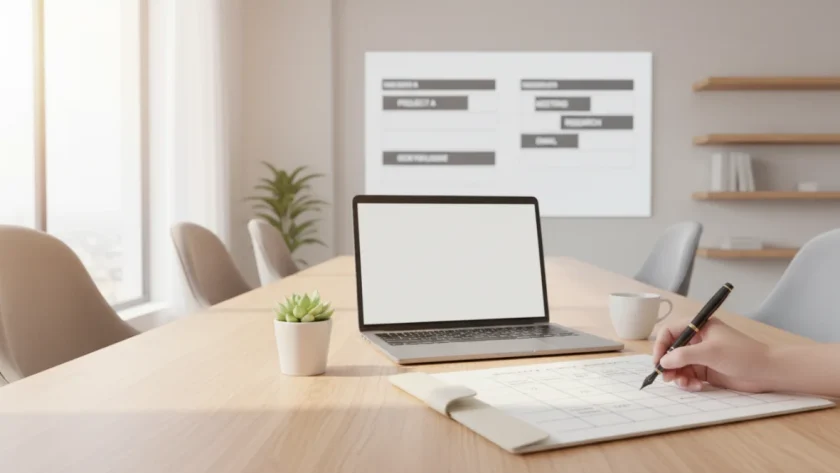 Workspace con gestione del tempo: scrivania ordinata, planner, laptop e appunti per la pianificazione settimanale e l'organizzazione giornaliera