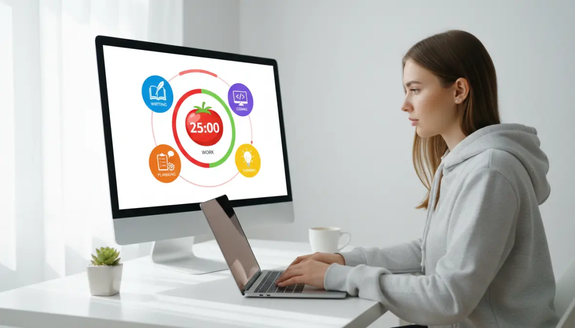 Tecnica Pomodoro e blocco temporale per aumentare la concentrazione e evitare la procrastinazione nella gestione giornaliera