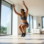 HIIT allenamento a casa: persona che esegue burpee in salotto con intensità per bruciare calorie velocemente