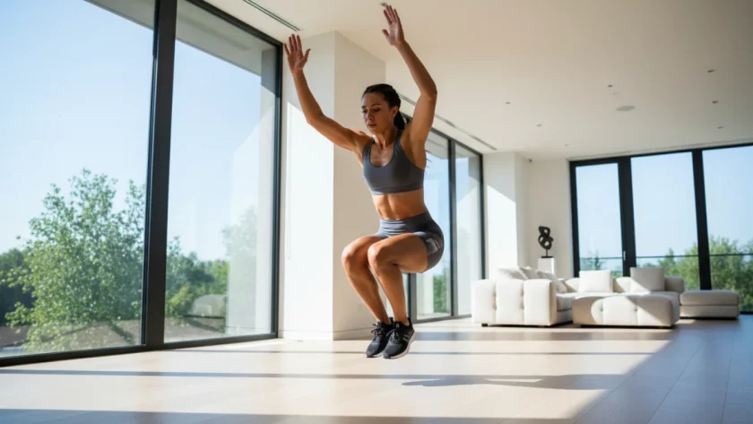 HIIT allenamento a casa: persona che esegue burpee in salotto con intensità per bruciare calorie velocemente