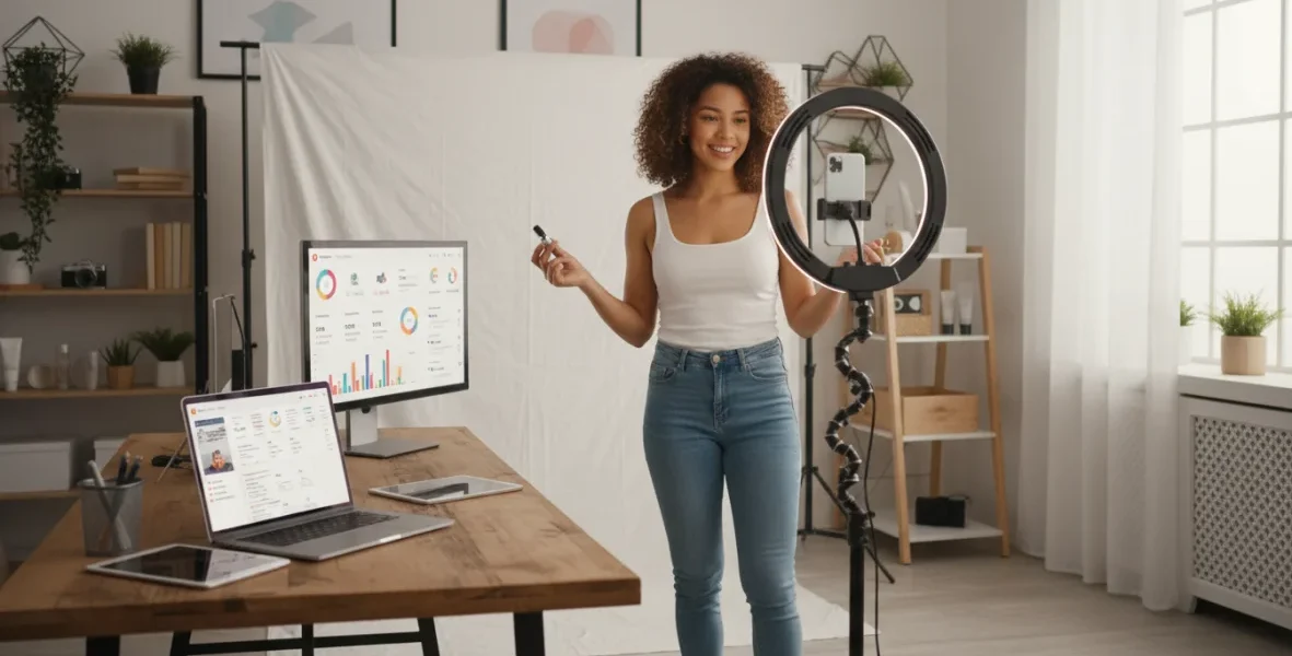 Influencer creator che lavora con strumenti di brand collaboration in uno studio moderno per campagne di influencer marketing
