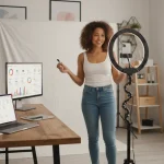 Influencer creator che lavora con strumenti di brand collaboration in uno studio moderno per campagne di influencer marketing