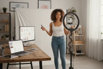 Influencer creator che lavora con strumenti di brand collaboration in uno studio moderno per campagne di influencer marketing