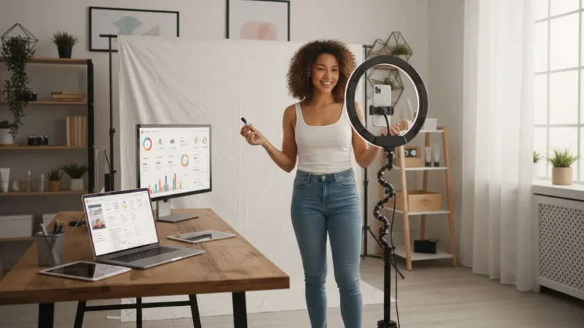 Influencer creator che lavora con strumenti di brand collaboration in uno studio moderno per campagne di influencer marketing