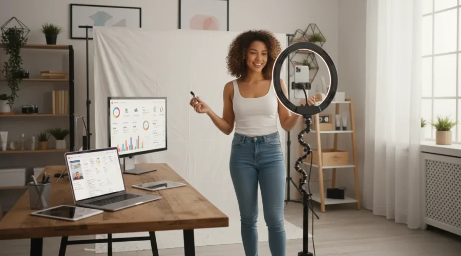 Influencer creator che lavora con strumenti di brand collaboration in uno studio moderno per campagne di influencer marketing
