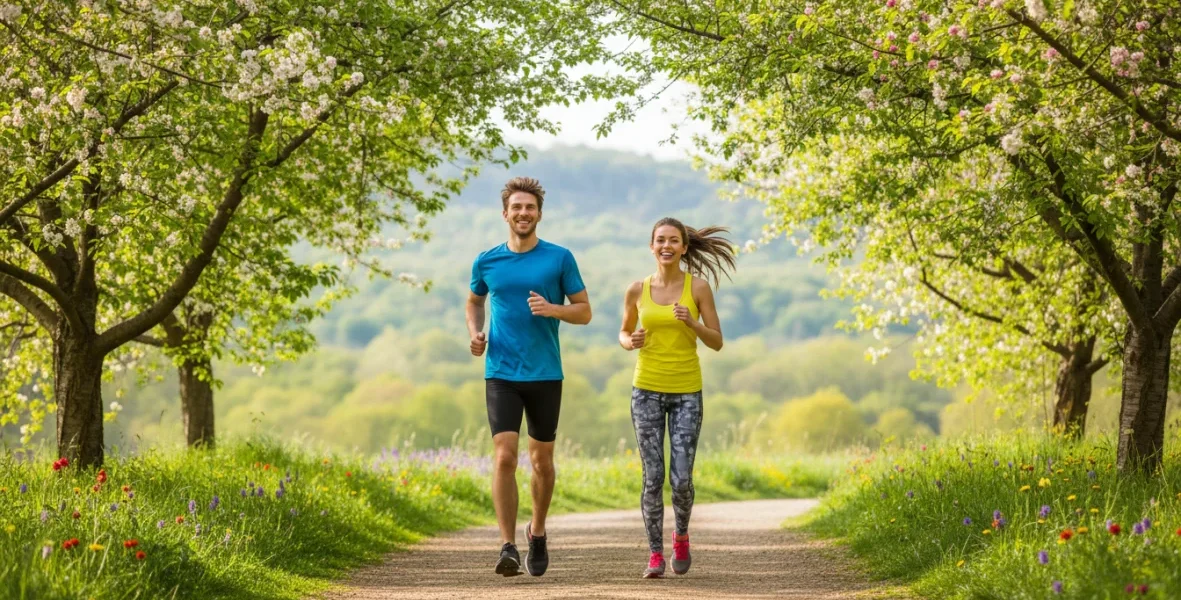 Due runner che corrono insieme su un sentiero primaverile con alberi verdi e fiori: un'immagine motivazionale per iniziare a correre da zero