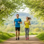 Due runner che corrono insieme su un sentiero primaverile con alberi verdi e fiori: un'immagine motivazionale per iniziare a correre da zero