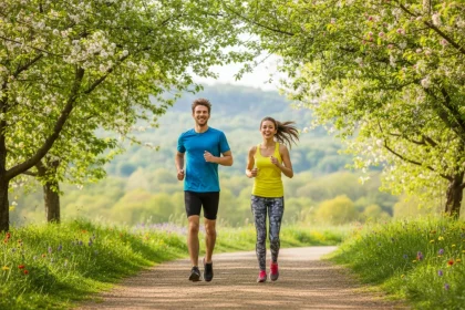 Due runner che corrono insieme su un sentiero primaverile con alberi verdi e fiori: un'immagine motivazionale per iniziare a correre da zero