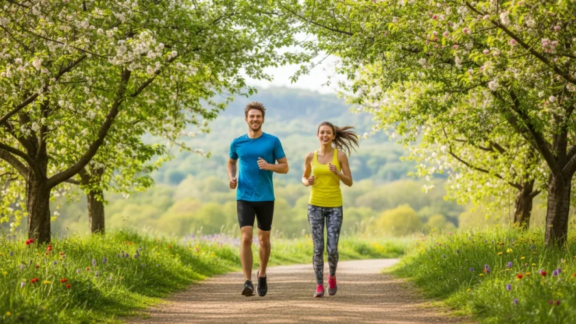 Due runner che corrono insieme su un sentiero primaverile con alberi verdi e fiori: un'immagine motivazionale per iniziare a correre da zero