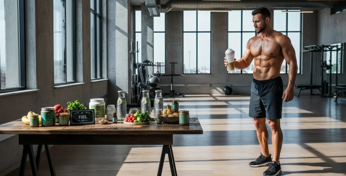 Atleta che utilizza integratori sportivi naturali durante l'allenamento in palestra con supplementi organici visibili