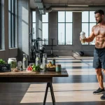 Atleta che utilizza integratori sportivi naturali durante l'allenamento in palestra con supplementi organici visibili