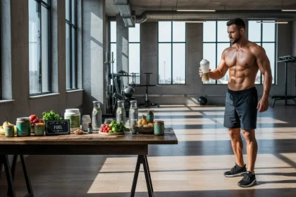 Atleta che utilizza integratori sportivi naturali durante l'allenamento in palestra con supplementi organici visibili