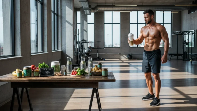 Atleta che utilizza integratori sportivi naturali durante l'allenamento in palestra con supplementi organici visibili