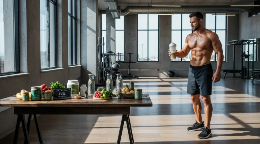 Atleta che utilizza integratori sportivi naturali durante l'allenamento in palestra con supplementi organici visibili