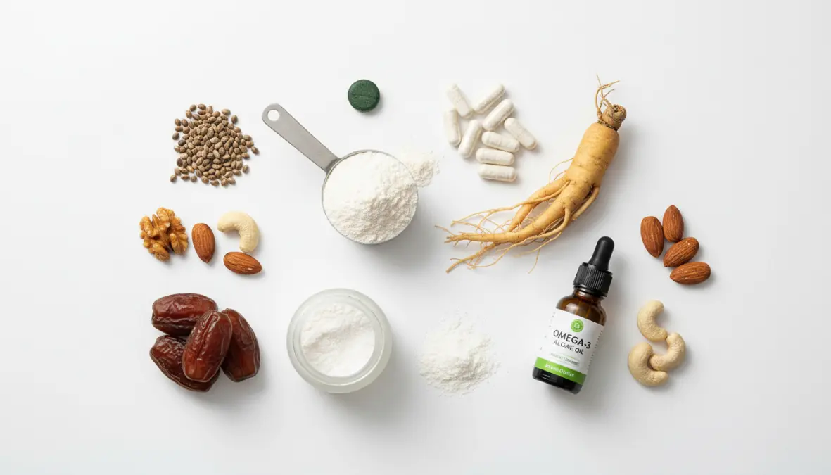 Integratori naturali per atleti e supplementi sportivi biologici certificati disposti in composizione flat lay