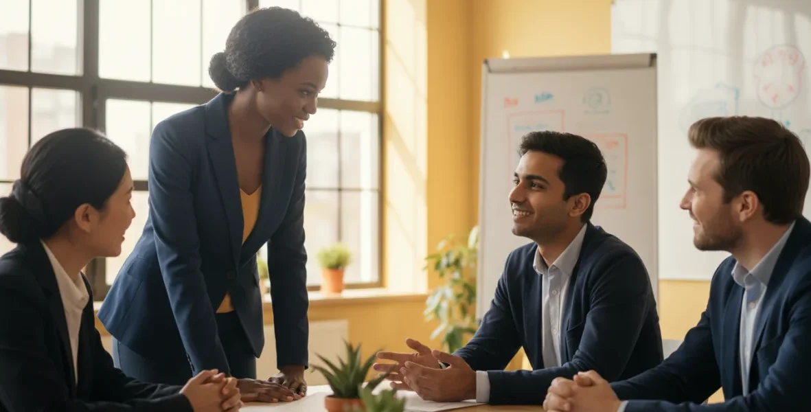 Team con intelligenza emotiva nel lavoro che collabora con empatia e comunicazione efficace in ufficio moderno