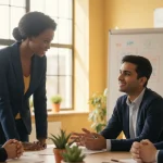 Team con intelligenza emotiva nel lavoro che collabora con empatia e comunicazione efficace in ufficio moderno